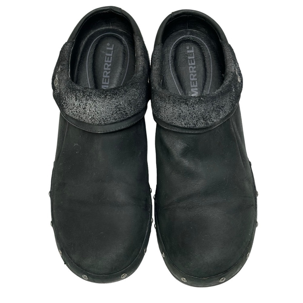 Merrell Black Luxe Leather Wrap 2.5” Slip On Clog w Nickel Stud Accents Size 11 - Picture 9 of 14